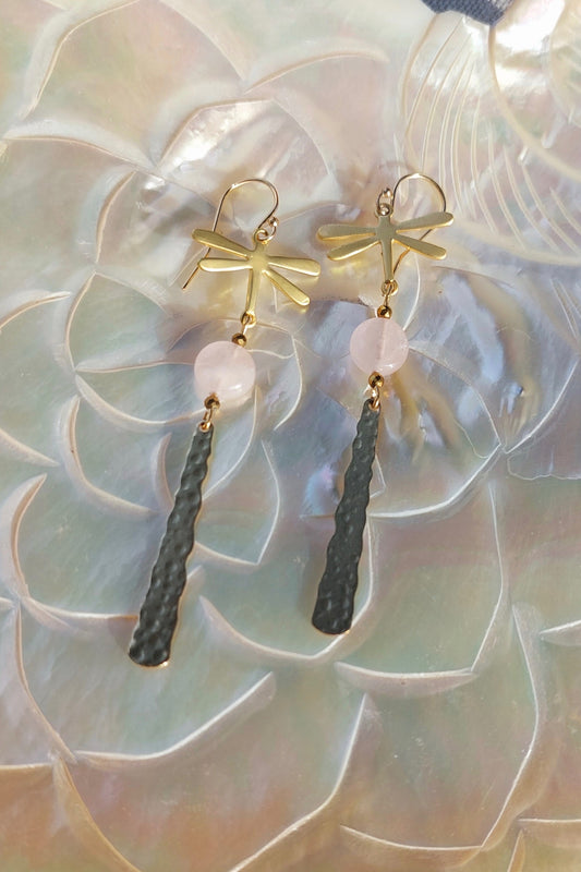 Boucles Alba Quartz rose Libellules dorées à l'or fin