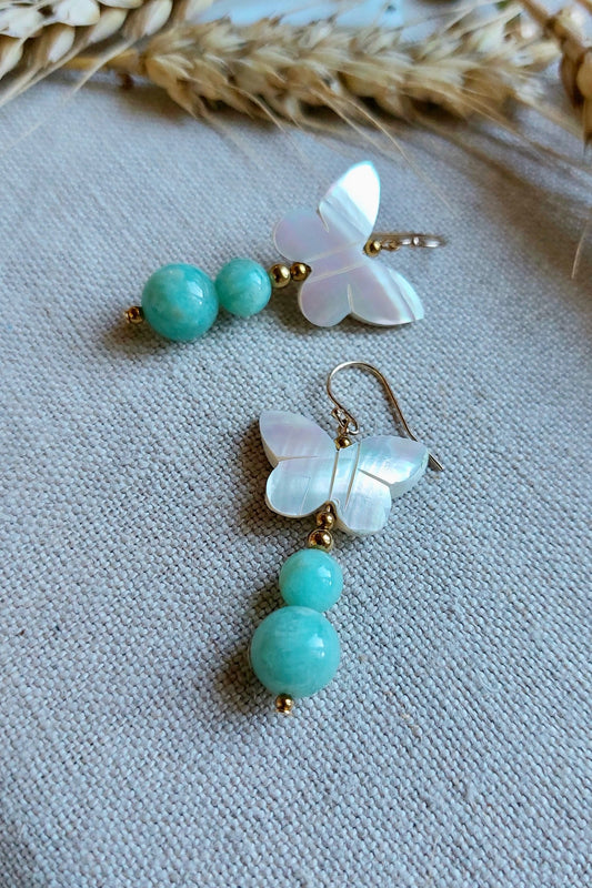 Boucles d'oreilles Adèle Papillon Nacre et Amazonite